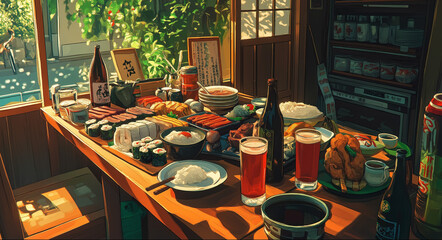 Wall Mural - Anime style illustration Half screen is table, lots of food, sushi, ramen, chicken, rice, cola