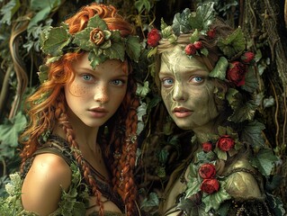 Enchanted Forest Portraits: Two Women Adorned with Nature