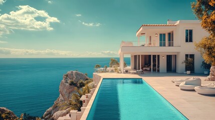 Traditional mediterranean white house with pool on hill with stunning sea view Summer vacation background