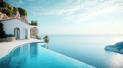 Traditional mediterranean white house with pool on hill with stunning sea view Summer vacation background