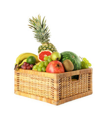 Wall Mural - Many fresh ripe fruits in basket isolated on white