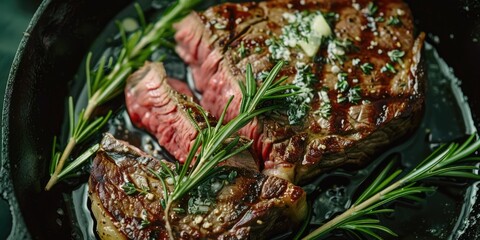 Canvas Print - Pan-Seared Ribeye Steak with Rosemary Garlic and Herb-Infused Butter in a Cast Iron Skillet