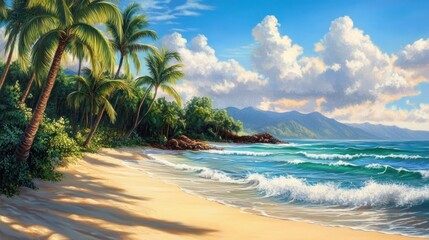 Wall Mural - Palm trees on a tropical beach with blue water and mountains in the distance.