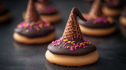 Witch Hat Cookies, sugar cookies topped with chocolate cones to resemble witch hats, Halloween, with copy space