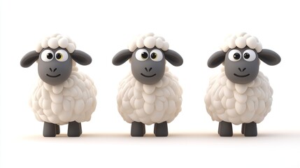 Three cute cartoon sheep with big eyes standing in a row on a white background.