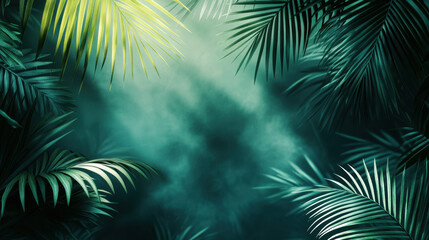 Wall Mural - Lush tropical rainforest with sunlit palm leaves creating a vibrant and serene environment. Perfect background for nature lovers and exotic themes.