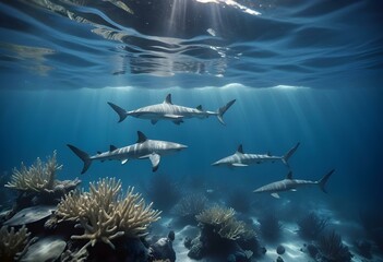 A school of sharks swimming in the deep blue ocean