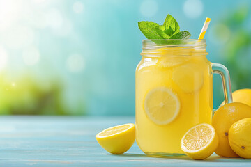 Refreshing lemon drink with mint leaves in sunny outdoor setting