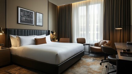 Modern hotel room with a large bed, two chairs and a desk, with a cityscape picture hanging on the wall.