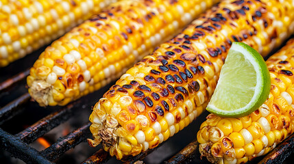 Close-up of grilled corn, with each kernel caramelized to a golden crisp, served hot off the grill