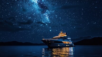 A large luxury yacht at anchor in the middle of the ocean at night under a starry sky with the Milky Way visible.