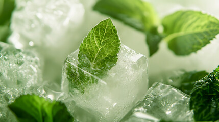 Wall Mural - Close-up of ice cubes with fresh mint leaves, perfectly frozen and ready to add a refreshing