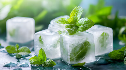 Wall Mural - Close-up of ice cubes with fresh mint leaves, perfectly frozen and ready to add a refreshing