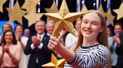 A team leader holding a gold star in hands, symbolizing recognition and success. main objects gold star, team leader, team members clapping (6)