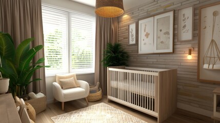 Wall Mural - A cozy and stylish nursery with a crib, armchair, and plants.