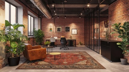 Wall Mural - Modern office interior with exposed brick walls, large windows, and a stylish rug.