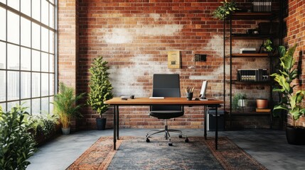 Wall Mural - Modern office workspace with brick wall, desk, chair, and plants.