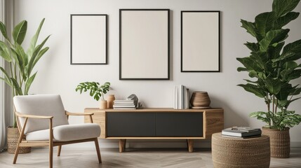 Wall Mural - Modern living room with a white armchair, wooden cabinet, three framed posters, and plants.