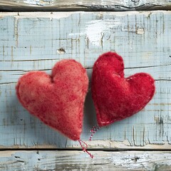 Valentines day background with two red hearts on wooden background 