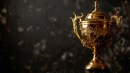 A gleaming golden trophy elegantly displayed against a dark backdrop, symbolizing achievement and success in various competitions.Golden Trophy on Dark Background