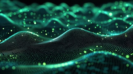 Poster - abstract green digital wave background with glowing particles.