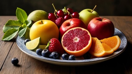 Sticker -  Freshly sliced fruits on a rustic table