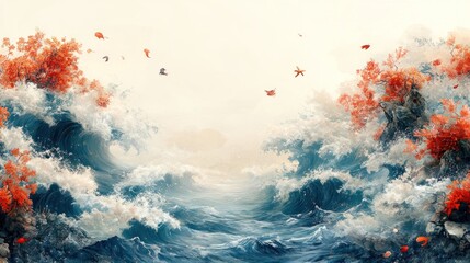 Poster - A serene seascape with waves and autumn foliage in warm hues.