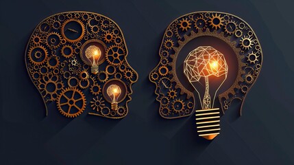 Vector of two human heads made of gears with light bulb shape inside
