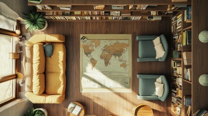 Overhead view of a living room with two armchairs, a couch, a large map, and bookshelves filled with books.