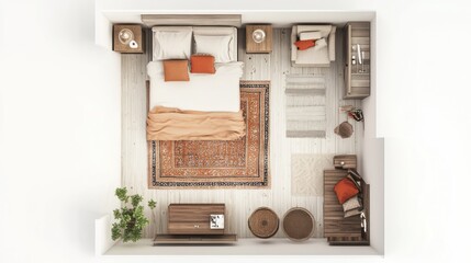 Wall Mural - Top view of a modern bedroom interior with a bed, a rug, and a chair.