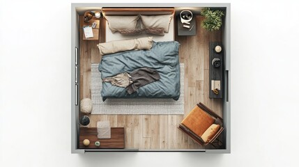 Wall Mural - Top view of a bedroom with a bed, nightstand, armchair, and wooden floor.