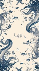 Wall Mural - Vector seamless Border pattern. Fantasy mermaid, octopus, fish, sea animals dark blue contour thin line drawing on a beige background