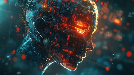 Poster - futuristic robotic head made of glowing circuits with a dark blue background.
