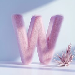 Wall Mural - Pink Furry Letter W with Plant on a White Surface.