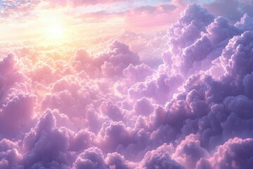 Wall Mural - A Sunlit Sky with Fluffy Purple and White Clouds