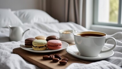 Canvas Print -  A cozy morning in bed with coffee and macarons