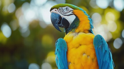 Wall Mural - Close-up of a blue and yellow macaw's face and feathers, with a blurred background of green foliage.