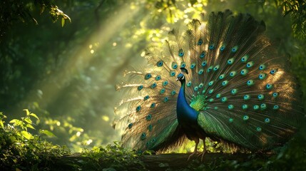 Wall Mural - A peacock with its feathers spread out in a forest, basking in the sunlight.