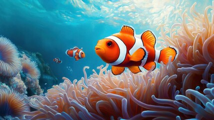 Two clownfish swim near an anemone in a tropical reef.