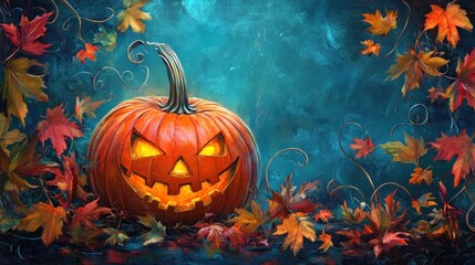 Wall Mural - A carved pumpkin with glowing eyes sits among autumn leaves against a teal background.