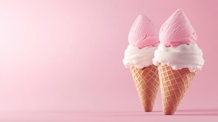 Two scoops of pink ice cream and one scoop of white ice cream in waffle cones on a pink background.