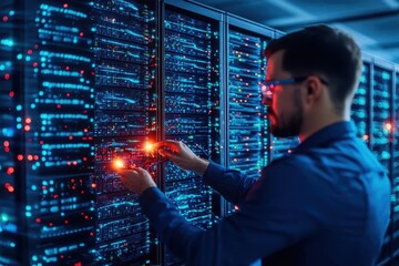 Leinwandbilder - A bustling server room with a network engineer troubleshooting glowing servers, cables radiating neon lights