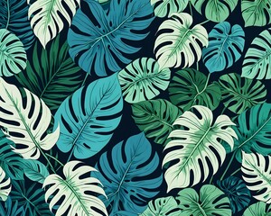 Wall Mural - Abstract luxury light art background with blue or green tropical leaves in line style. Botanical banner with exotic plants for decoration, print, wallpaper, textile, interior