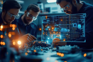 A group of highly skilled cyber engineers working in a secretive lab, fixing damaged network hardware amidst flashing lights and complex coding