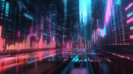 Poster - neon light streaks and glowing data lines in a futuristic city.