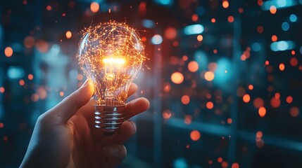 Wall Mural - Hand Holding a Glowing Light Bulb with Sparkles and a Bokeh Background