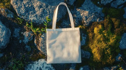 Wall Mural - White mesh tote bag on mossy rocks.