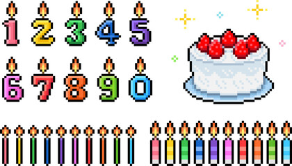 Pixel art birthday cake and number candle icon vector set