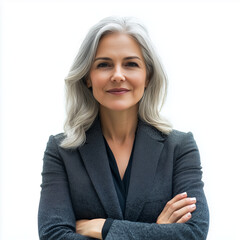 A middle-aged businesswoman wearing a formal blazer, standing with her arms crossed and a confident smile