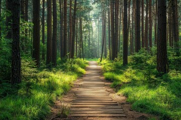 Wall Mural - A Sunlit Path Through A Dense Forest Of Tall Trees